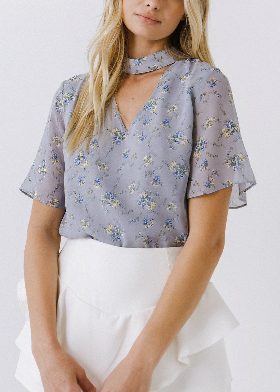 Floral Neck Cut Out Top