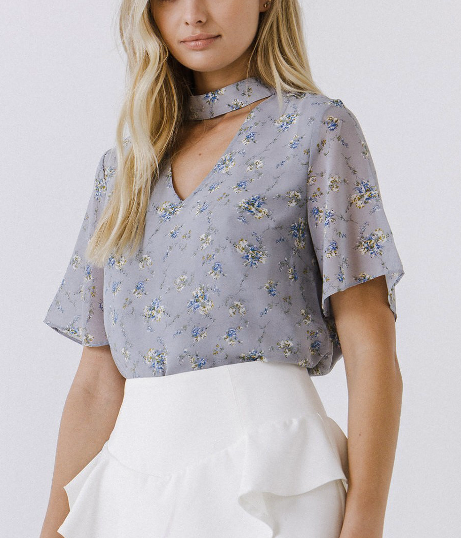 Floral Neck Cut Out Top