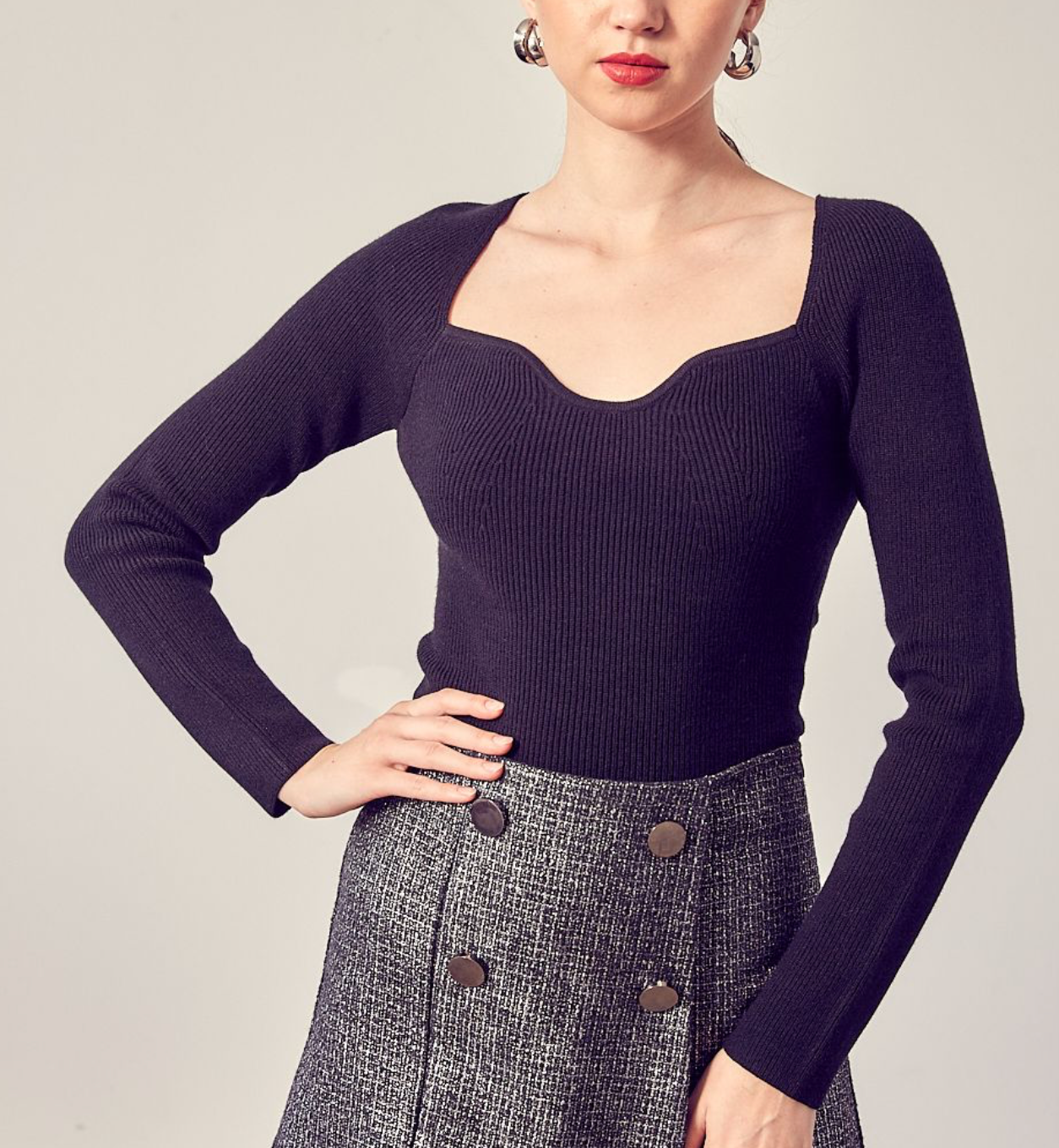 V Neck Ribbed Knit Top
