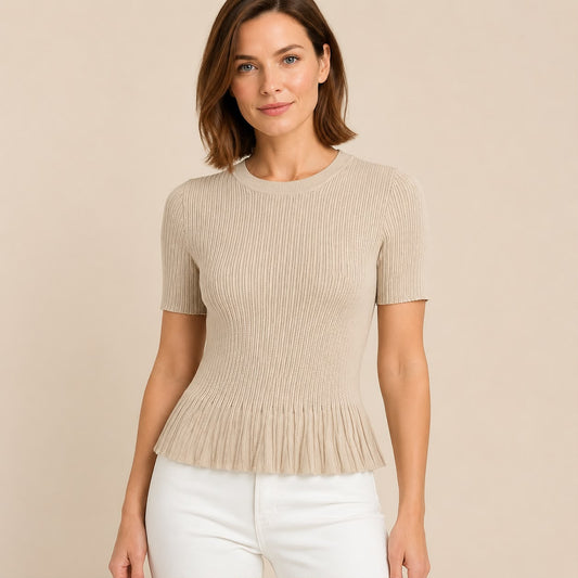 Top de punto cuello redondo version peplum plisado