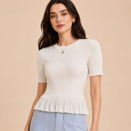 Top de punto cuello redondo version peplum plisado
